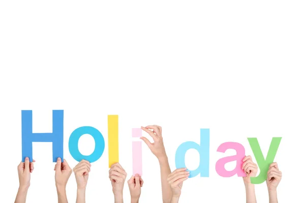 Hands Holding Word Holiday White Background — Stock Photo, Image