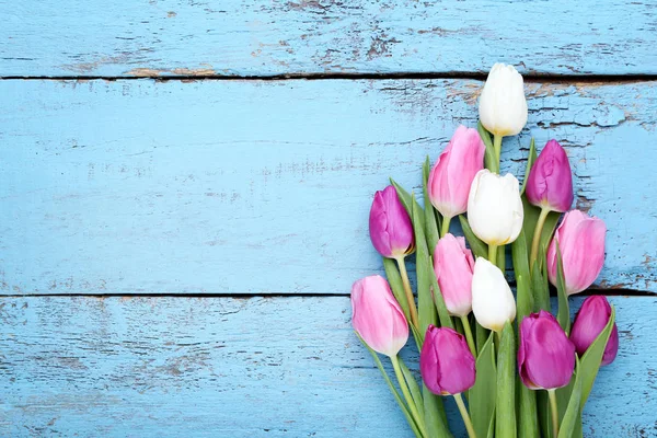 Bouquet Tulips Blue Wooden Table — Stock Photo, Image
