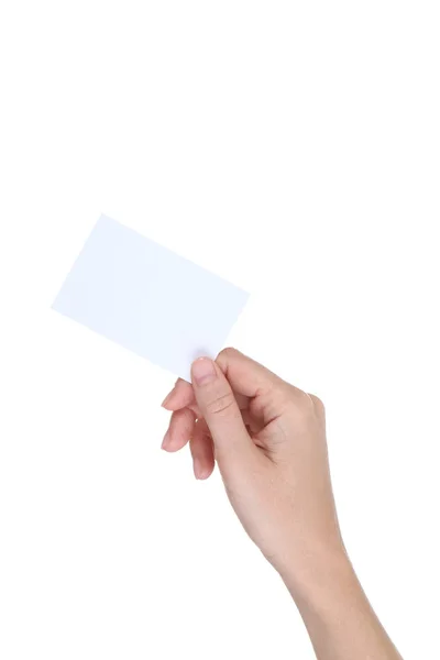 Female Hand Holding Blank Card White Background — Stock Photo, Image