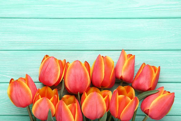 Bouquet Tulips Mint Wooden Table — Stock Photo, Image