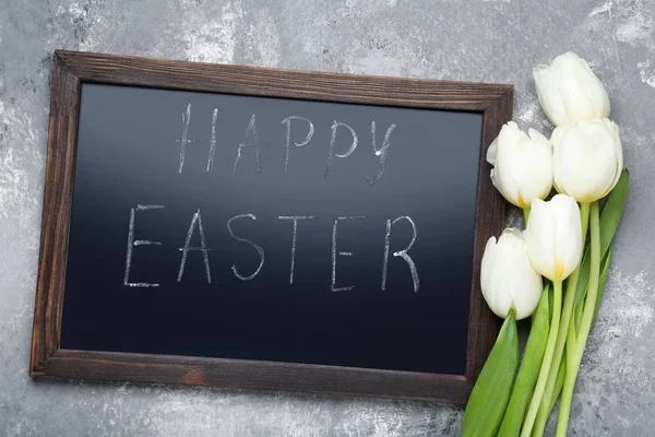 Inscription Happy Easter Wooden Frame White Tulips — Stock Photo, Image