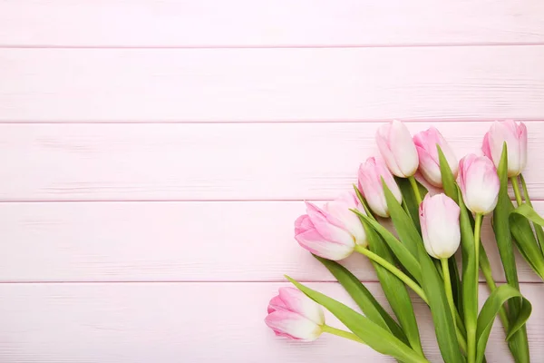 Bouquet Pink Tulips Wooden Table — Stock Photo, Image