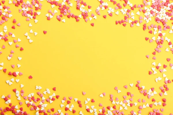 Colorful Heart Shaped Sprinkles Yellow Background — Stock Photo, Image