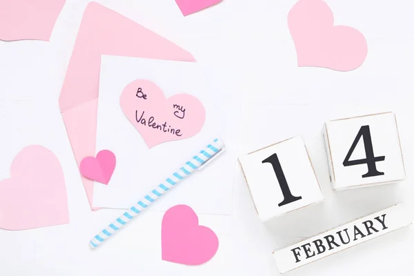 Inscription Valentine Paper Hearts Wooden Calendar White Background — Stock Photo, Image