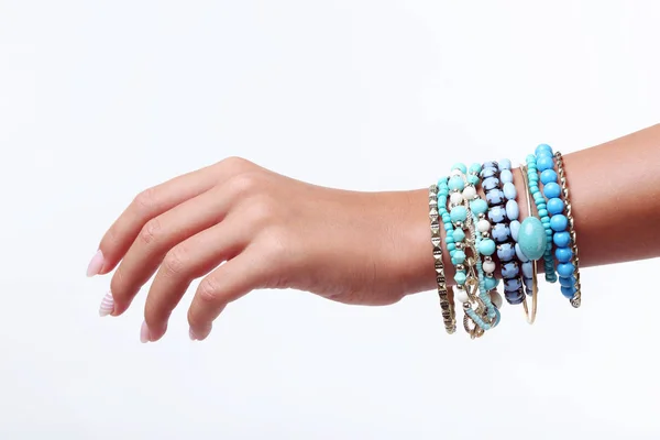 Female Hand Bracelets White Background — Stock Photo, Image
