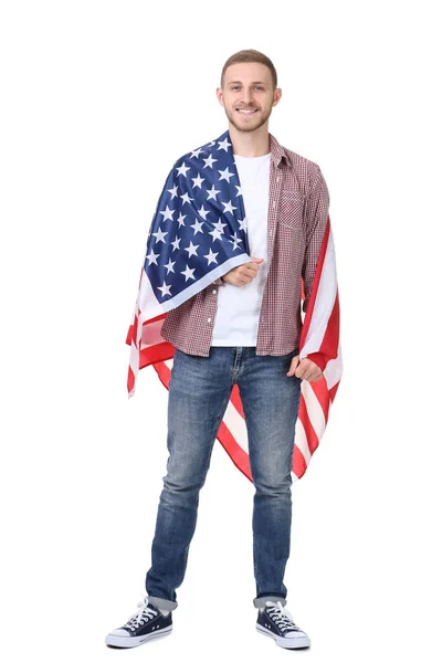 Jonge Man Met Een Amerikaanse Vlag Witte Achtergrond — Stockfoto