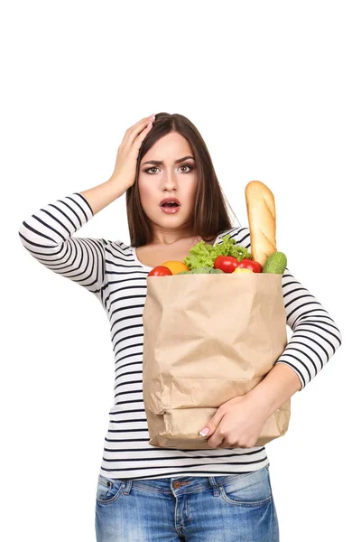 Mulher Bonita Segurando Supermercado Saco Compras Fundo Branco — Fotografia de Stock