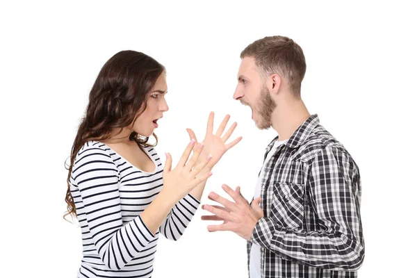 年轻夫妇争论在白色背景 — 图库照片