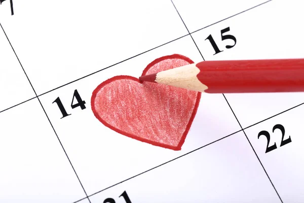 Calendrier Saint Valentin Avec Coeur Rouge Crayon — Photo
