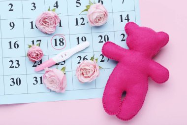 Gül çiçek ve kağıt takvim üzerinde yumuşak oyuncak ile gebelik testi