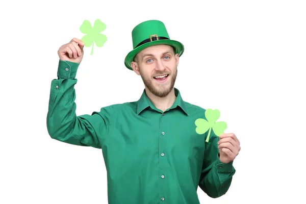 Patrick Day Young Man Wearing Green Hat Paper Clovers White — Stock Photo, Image