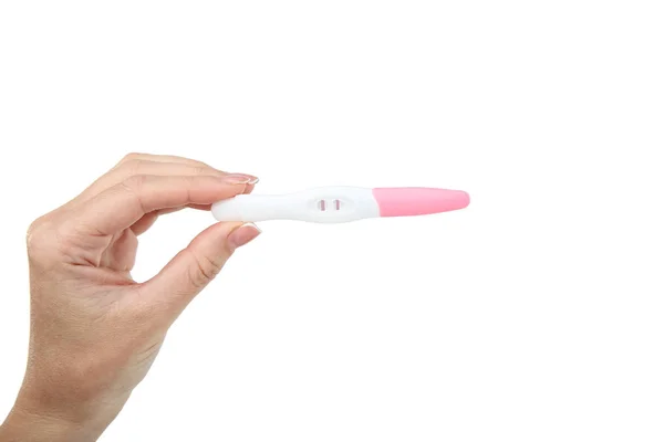 Female Hand Holding Pregnancy Test White Background — Stock Photo, Image