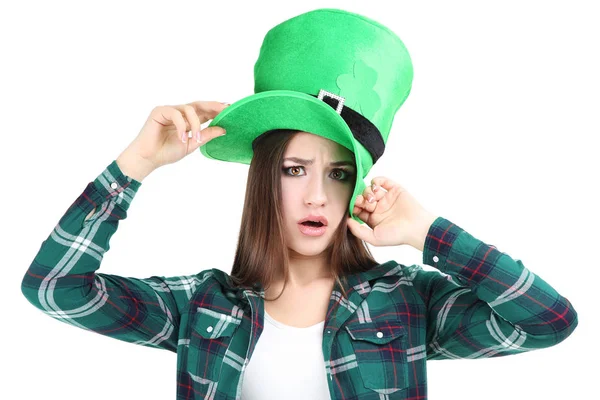 Dia São Patrício Mulher Bonita Usando Chapéu Verde Fundo Branco — Fotografia de Stock