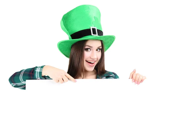 Patrick Day Beautiful Woman Wearing Green Hat Holding Blank Board — Stock Photo, Image