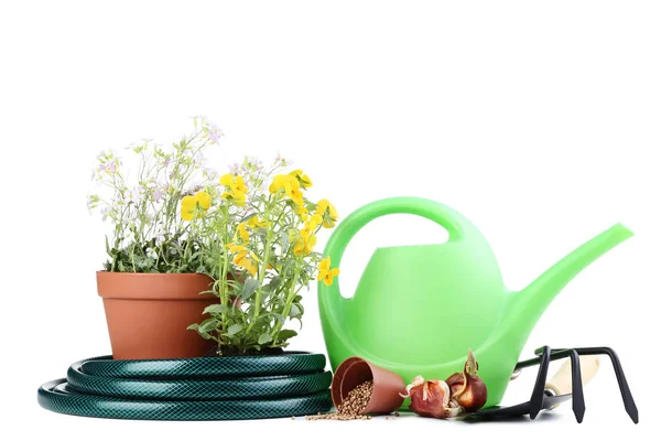 Herramientas Jardín Con Flores Maceta Sobre Fondo Blanco — Foto de Stock