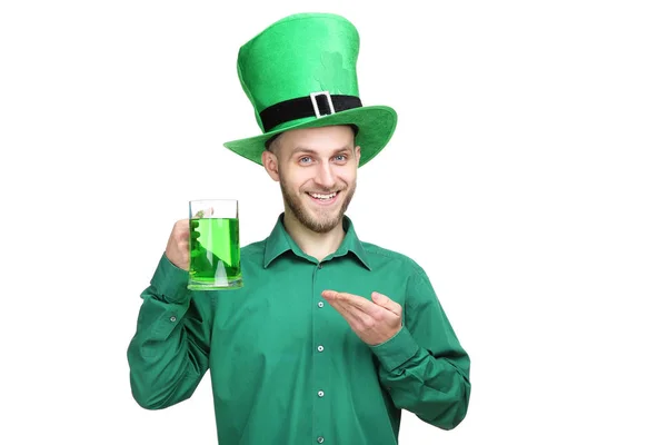 Patrick Day Young Man Wearing Green Hat Glass Beer White — Stock Photo, Image