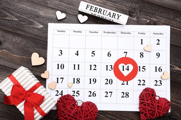 Valentine Day Calendar Hearts Gift Box Wooden Table — Stock Photo, Image