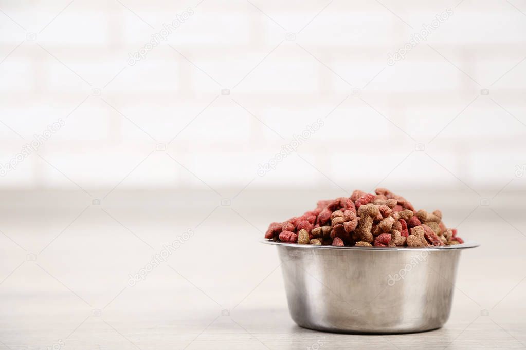 Dry pet food in bowl on the floor at home