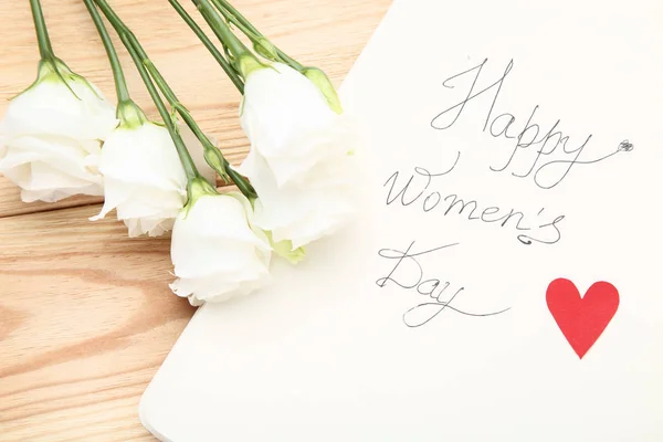 Text Happy Women Day Eustoma Flowers Red Heart Wooden Table — Stock Photo, Image