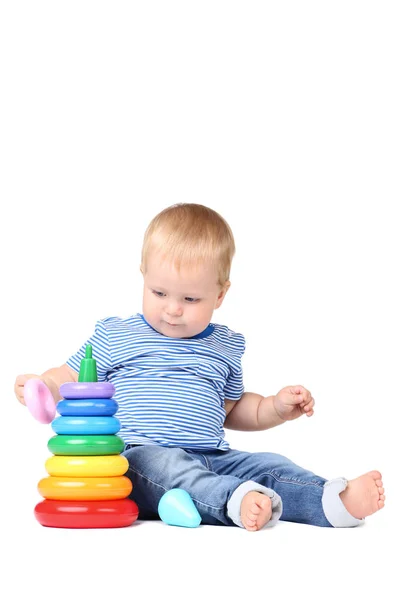 Menino Com Brinquedo Plástico Colorido Isolado Fundo Branco — Fotografia de Stock