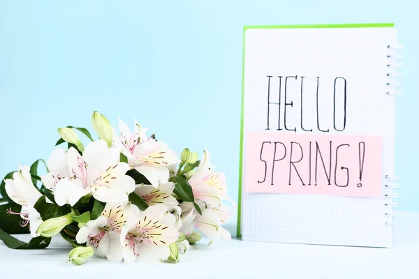 Alstroemeria Flowers Notepad Text Hello Spring Blue Background — Stock Photo, Image
