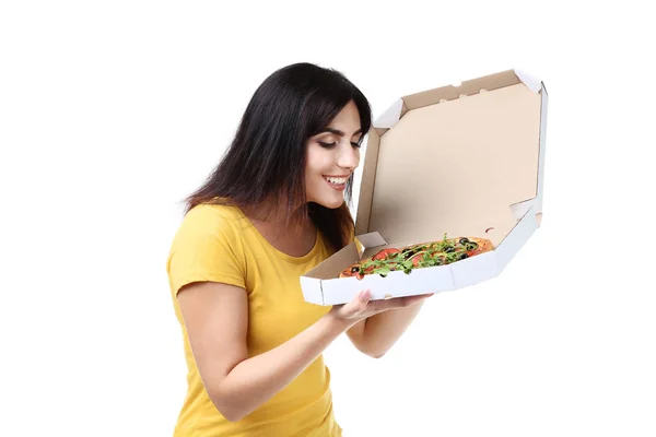 Młoda Kobieta Pizza Karton Białym Tle — Zdjęcie stockowe