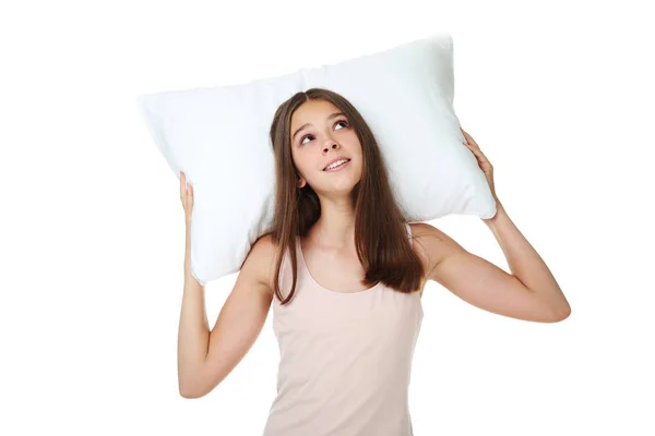 Young Girl Holding Pillow White Background — Stock Photo, Image