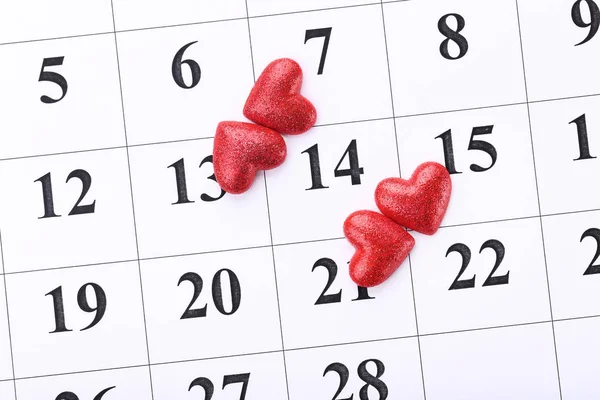 Alla Hjärtans Dag Kalender Med Röda Hjärtan — Stockfoto