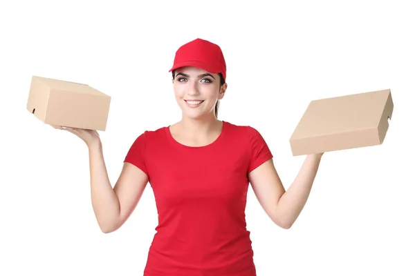 Delivery Woman Cardboard Boxes White Background — Stock Photo, Image