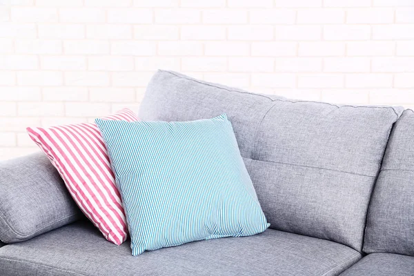 Colorful Soft Pillows Grey Sofa — Stock Photo, Image