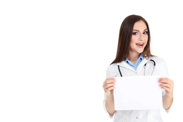 Junger Arzt Hält Leeres Blatt Papier Auf Weißem Hintergrund — Stockfoto
