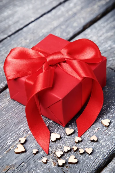 Gift Box Ribbon Bow Small Hearts Grey Wooden Table — Stock Photo, Image
