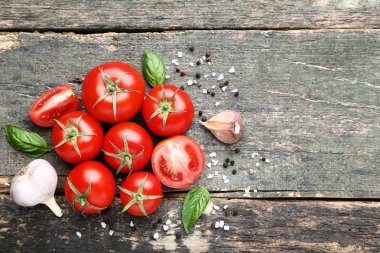 Olgun domates fesleğen ile yapraklar ve gri ahşap masaya sarımsak