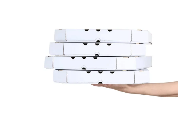 Mão Feminina Segurando Caixas Pizza Fundo Branco — Fotografia de Stock