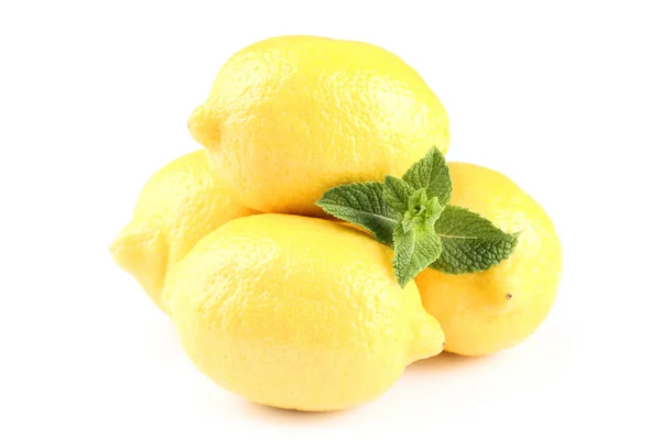 Ripe Lemons Mint Leafs Isolated White Background — Stock Photo, Image