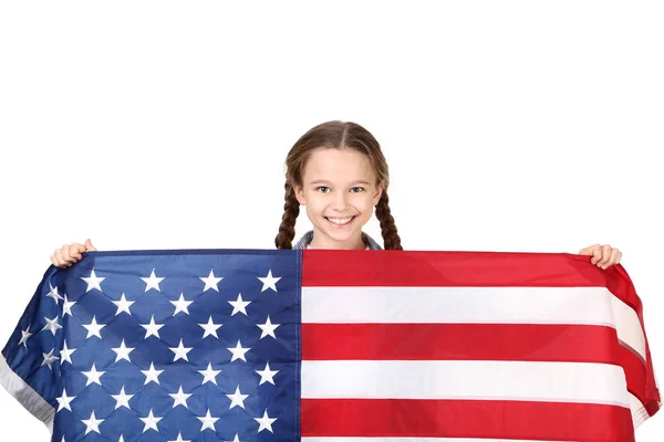 Jong Meisje Die Houdt Van Een Amerikaanse Vlag Witte Achtergrond — Stockfoto