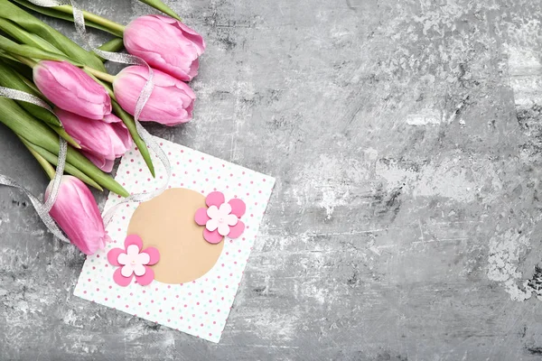 Greeting Card Pink Tulip Flowers Grey Wooden Table — Stock Photo, Image