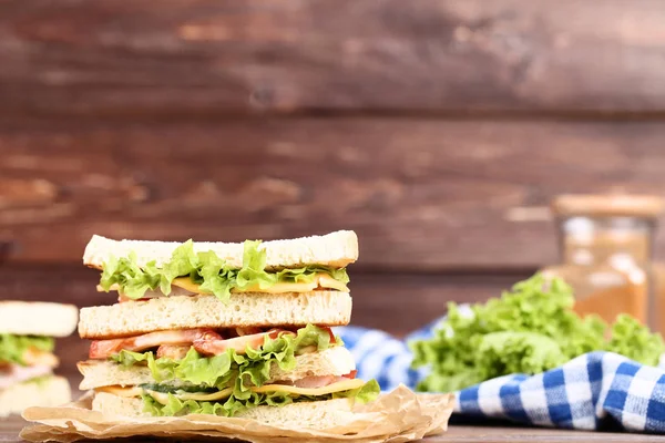 Tasty Sandwich Brown Wooden Background — Stock Photo, Image