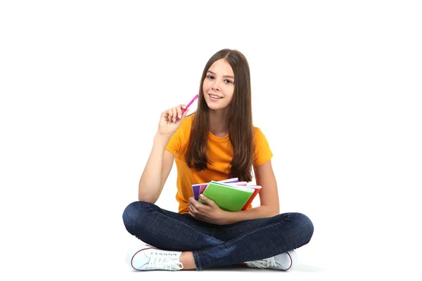 Giovane Ragazza Con Quaderni Sfondo Bianco — Foto Stock