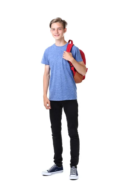 Kleiner Junge Mit Rotem Rucksack Auf Weißem Hintergrund — Stockfoto