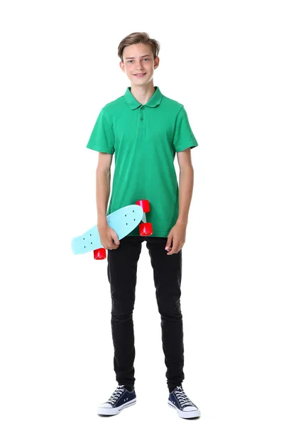 Schattige Tiener Met Skateboard Witte Achtergrond — Stockfoto