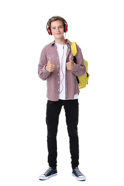 Menino Com Mochila Amarela Fones Ouvido Fundo Branco — Fotografia de Stock