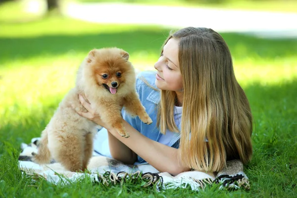 Ung Flicka Med Pomeranian Hund Parken — Stockfoto