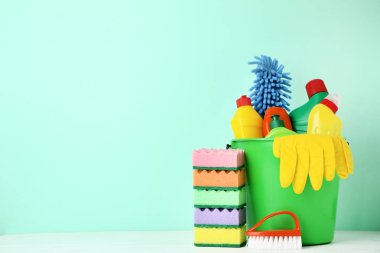 Şişe ile deterjan ve temizlik araçları nane arka plan üzerinde