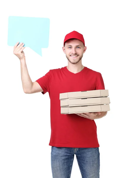 Entrega Homem Com Pizza Fala Bolha Fundo Branco — Fotografia de Stock