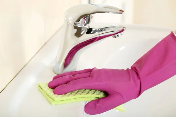 Hand Glove Cleaning Water Tap Bathroom — Stock Photo, Image