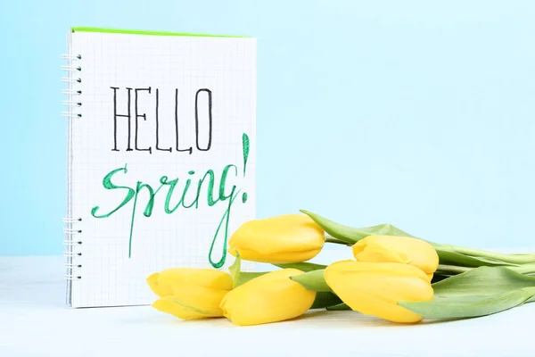 Bouquet Yellow Tulips Notepad Text Hello Spring — Stock Photo, Image