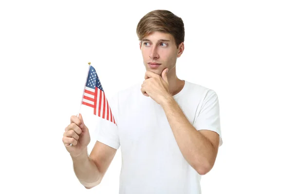 Mooie Jonge Man Met Een Amerikaanse Vlag Witte Achtergrond — Stockfoto