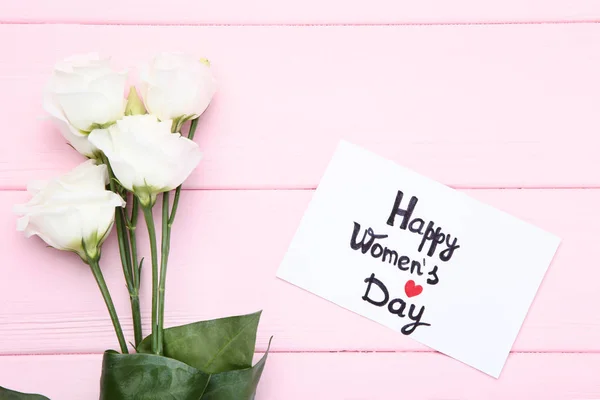 Text Happy Women Day Eustoma Flowers Pink Wooden Table — Stock Photo, Image