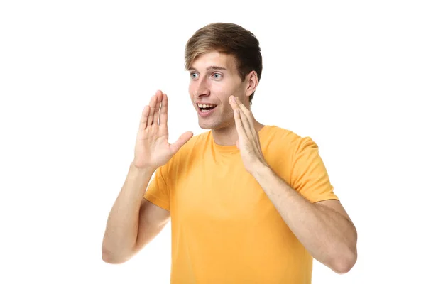 Mooie Jonge Man Geel Shirt Geïsoleerd Witte Achtergrond — Stockfoto